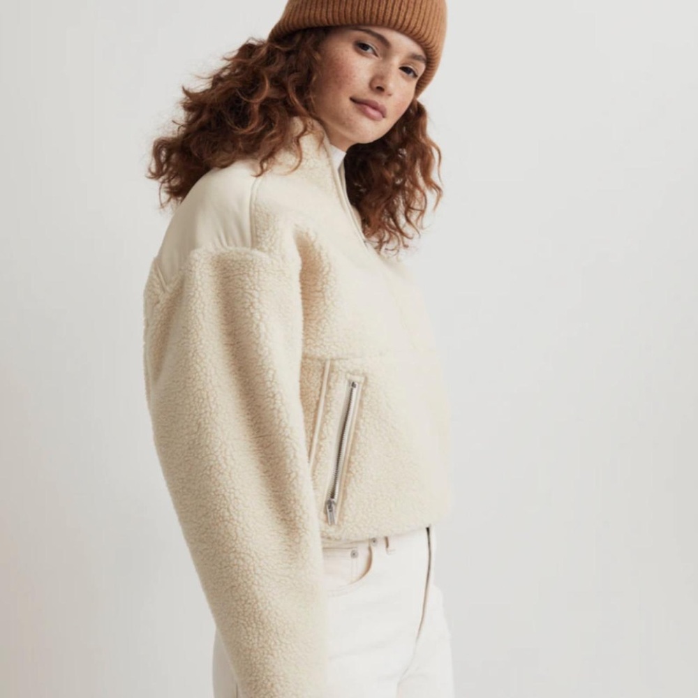 MADEWELL Faux Shearling Fleece Pullover Size XS Cream Ecru Comfort Cozy 1/2 zip
